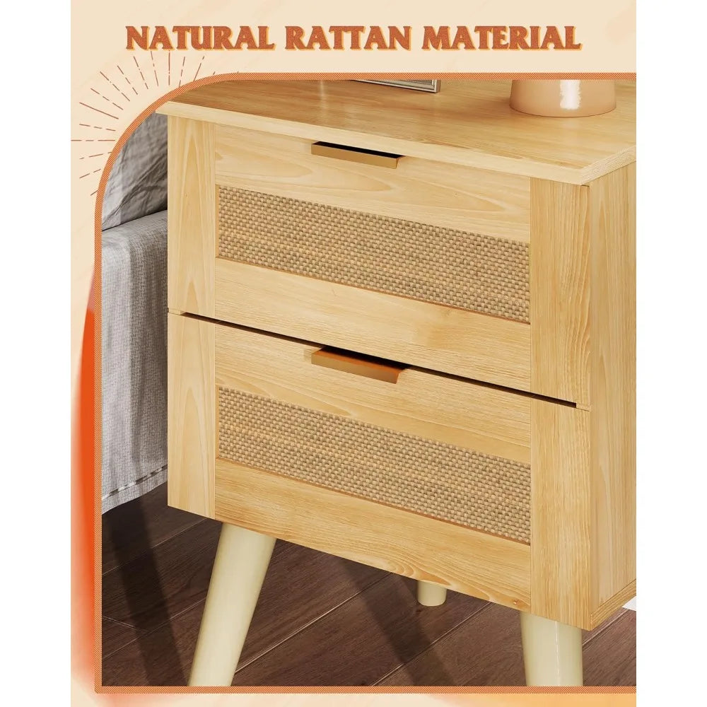 Wood Nightstand With Rattan Decor Drawers, Customized