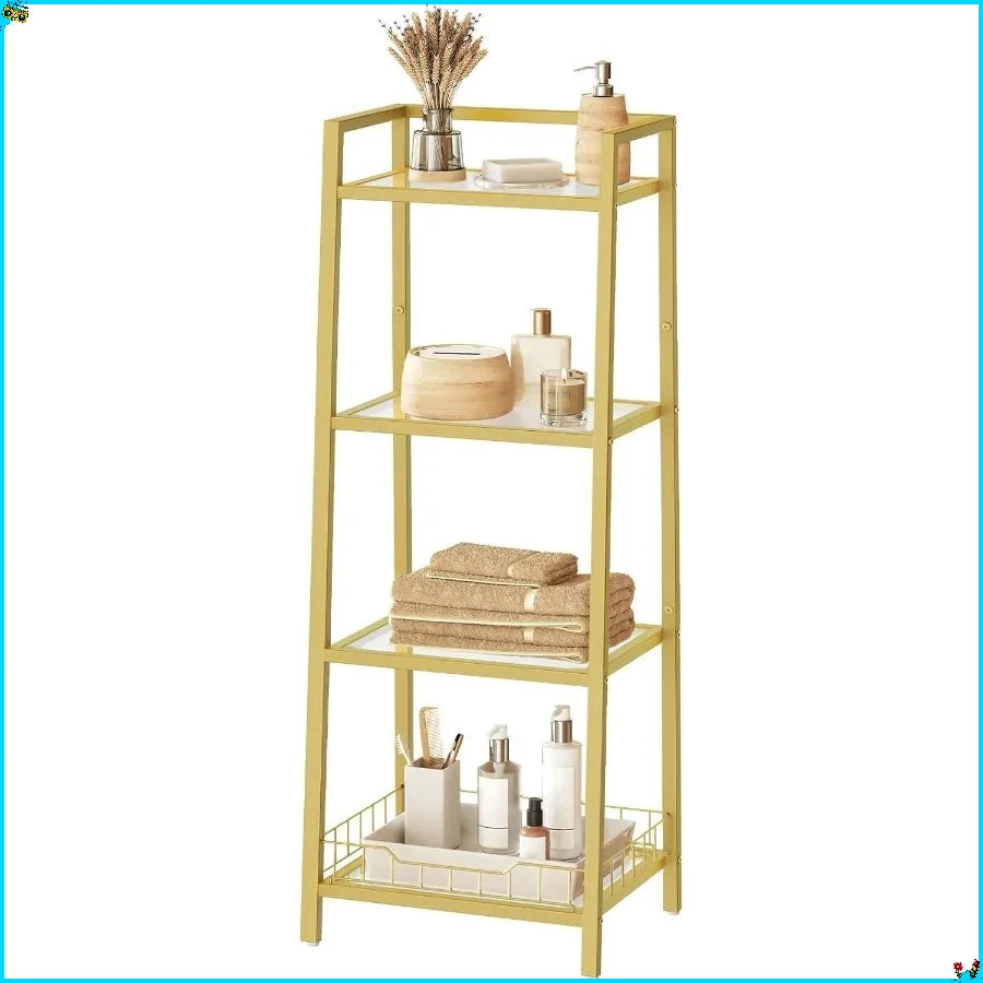 4 Tier Gold Glass Floor Standing Shelf