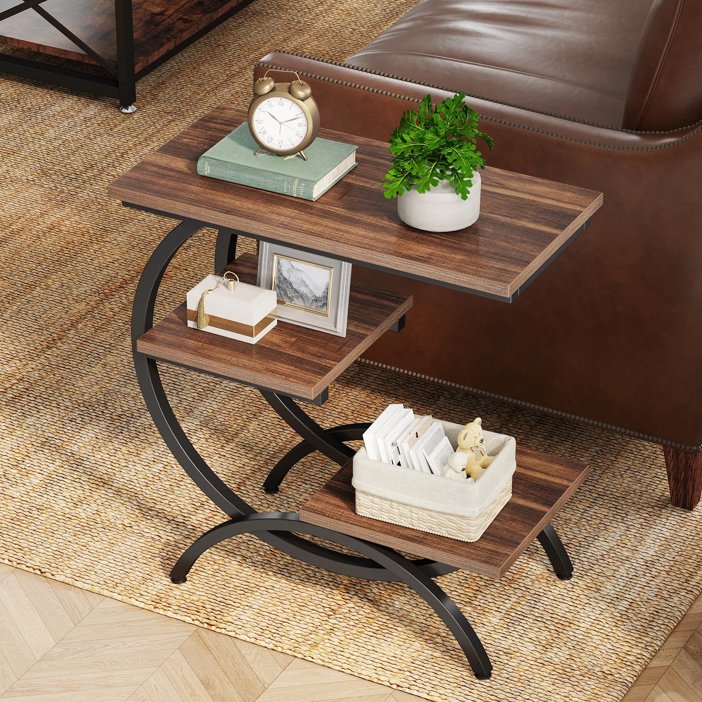 Tribesigns C-Shaped End Table, With Storage Shelves