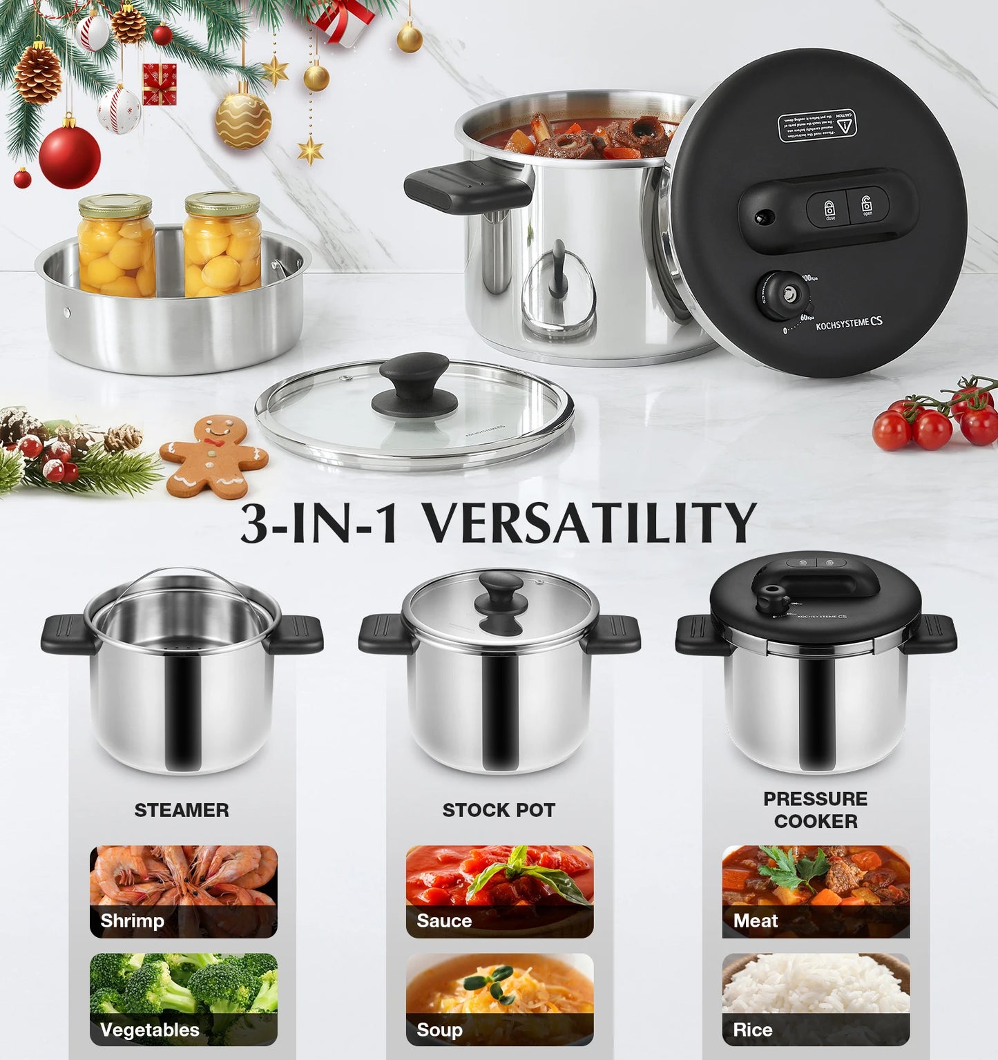 6.3/8.5 QT Stainless Steel Pressure Cooker 3-in-1