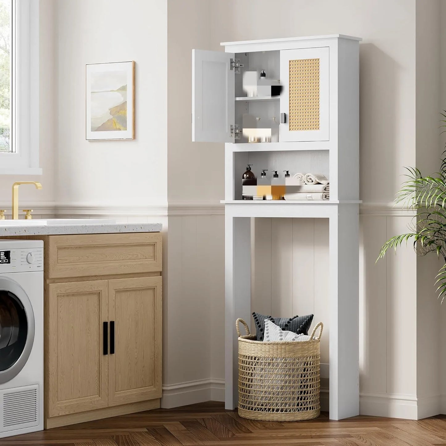 Farmhouse Over The Toilet Bathroom Rattan Cabinet