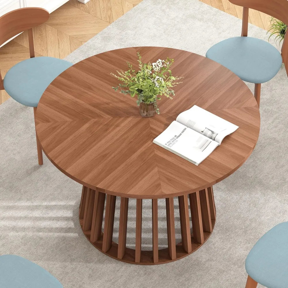 Round Dining Table for 4, Farmhouse 47 Inch Circle Kitchen Table, Rustic Dinner Table with Wood Strip Base for Dining Room Kitch