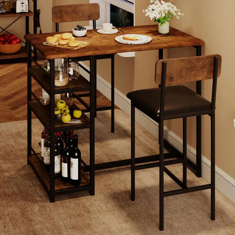 3 Piece Bar Table Set with 2 Upholstered Counter Stools 3 Tier Storage Shelves Steel, 300LB Capacity Compact Dining for Apartmen