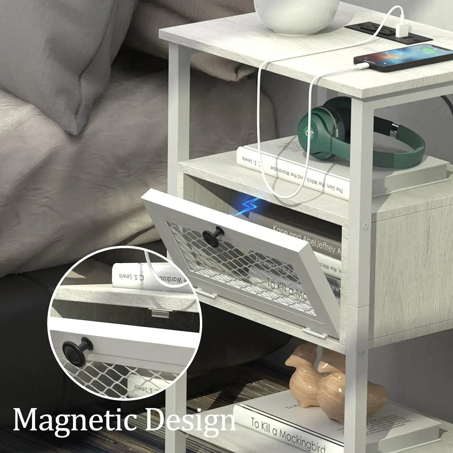 Charging Station Side Table, With Flip-Storage Drawer