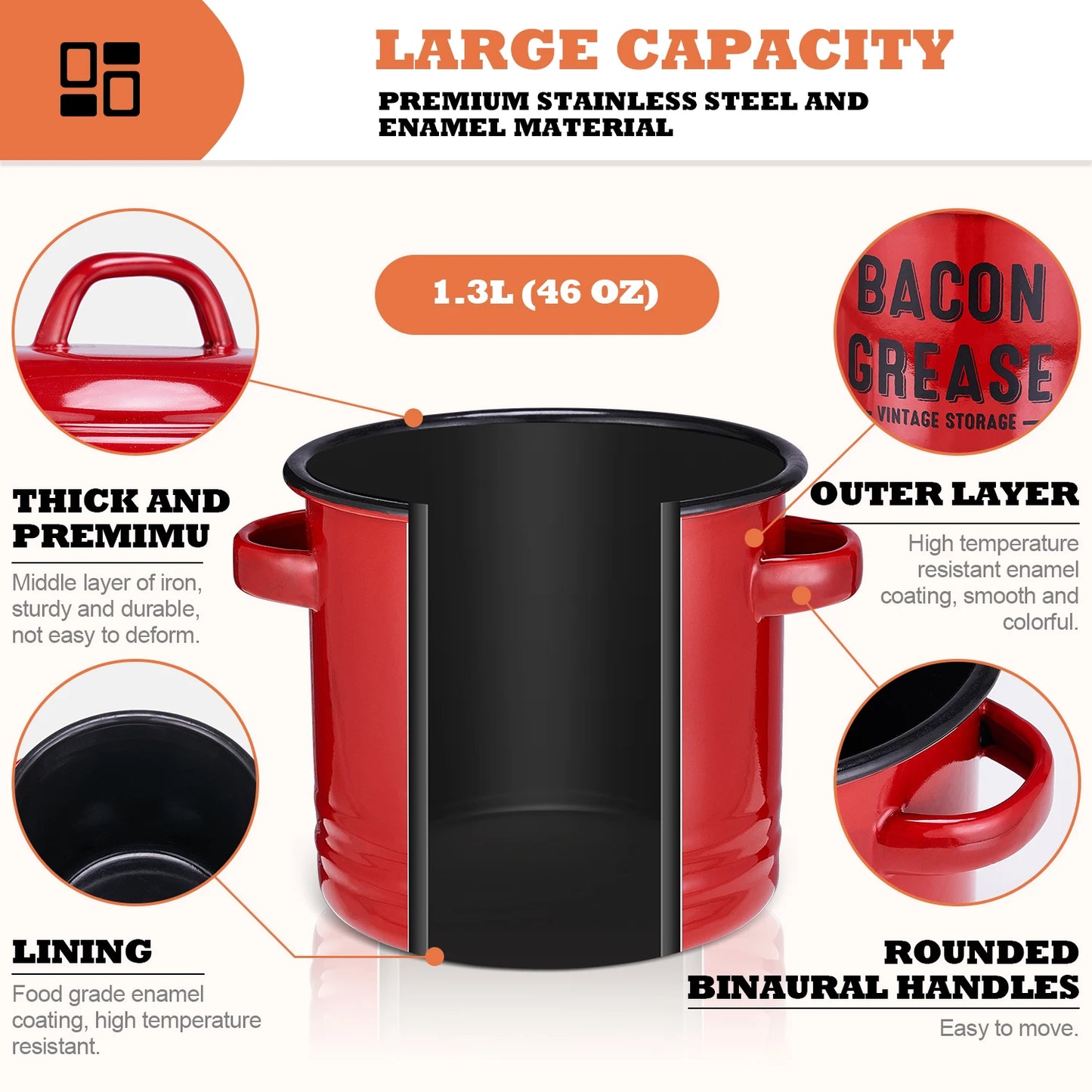 Large 46OZ Bacon Grease Container with Strainer