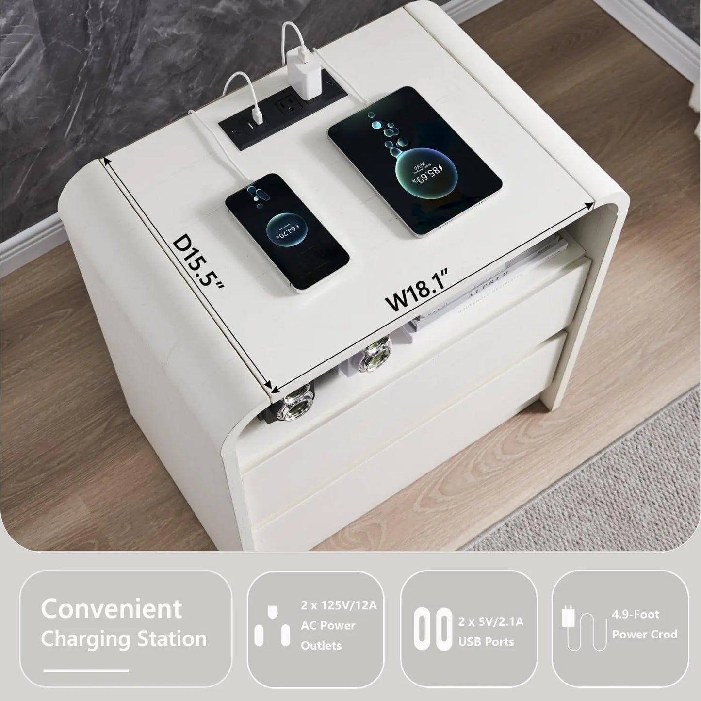 25" Tall Modern Nightstand with Charging Station