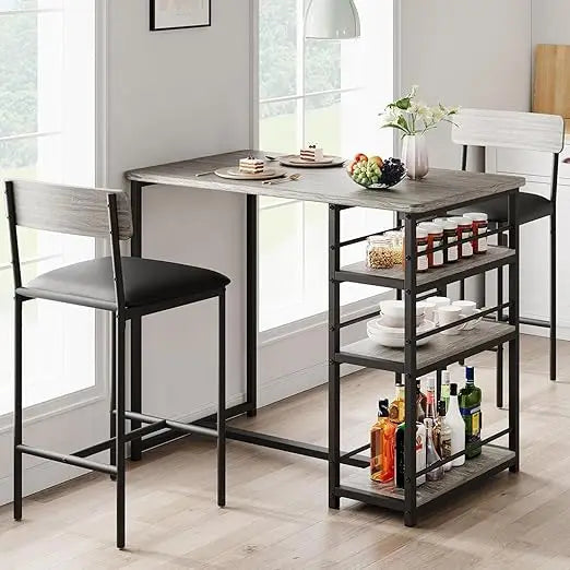3 Piece Bar Table Set with 2 Upholstered Counter Stools 3 Tier Storage Shelves Steel, 300LB Capacity Compact Dining for Apartmen