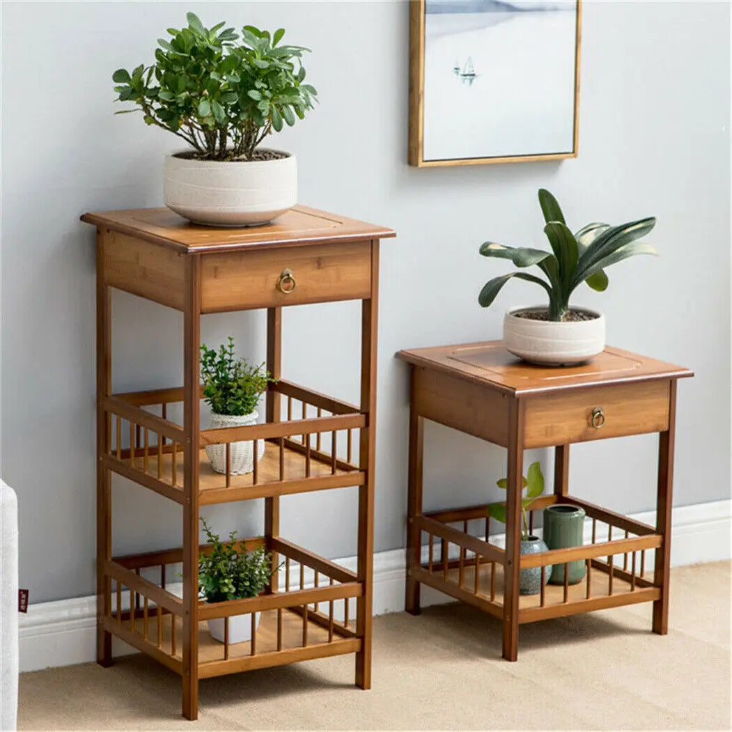 2-Tier Retro Bedside Table Bamboo End Table