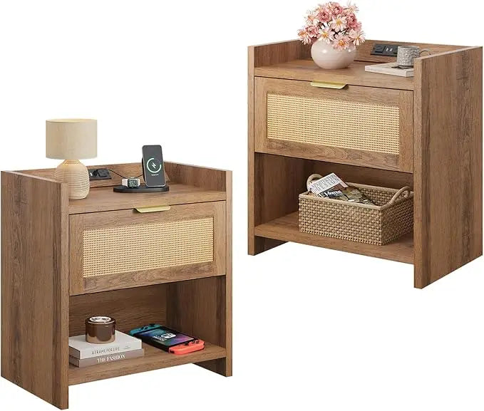 Wood Nightstand With Rattan Decor Drawers, Customized