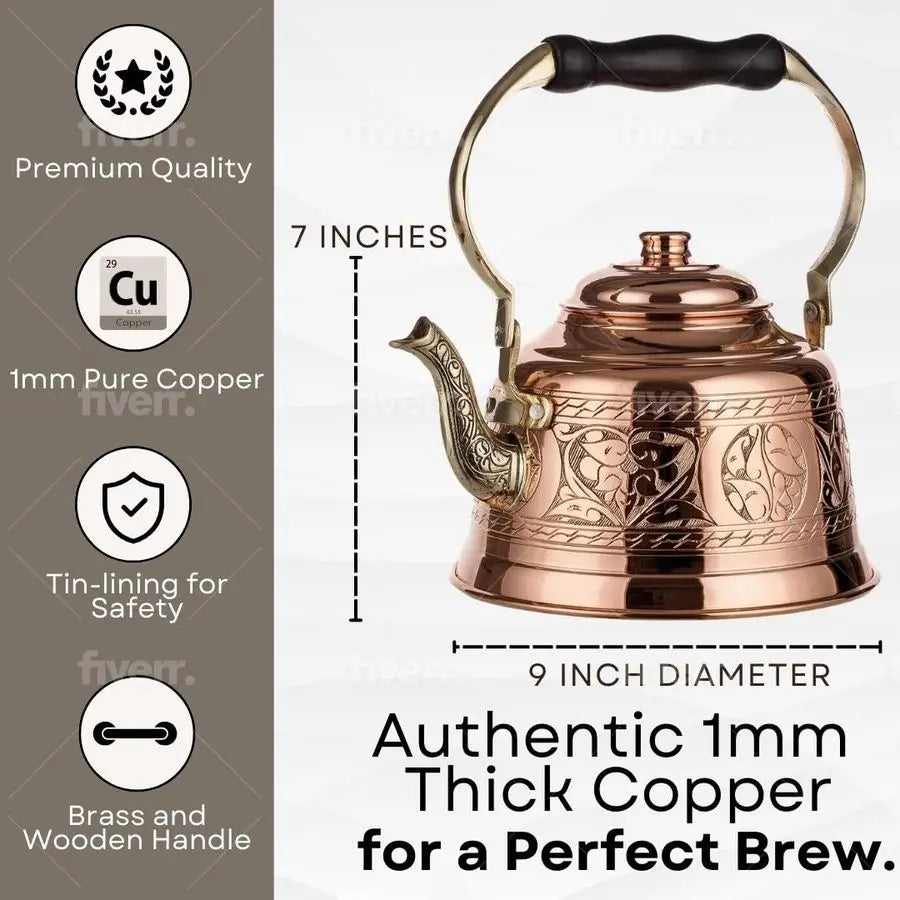 Hammered Copper Teapot, Heavy Gauge 1mm Thick