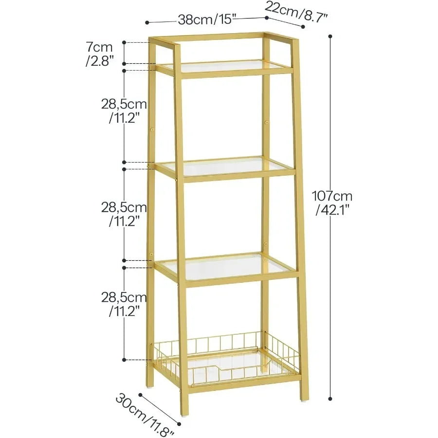 4 Tier Gold Glass Floor Standing Shelf