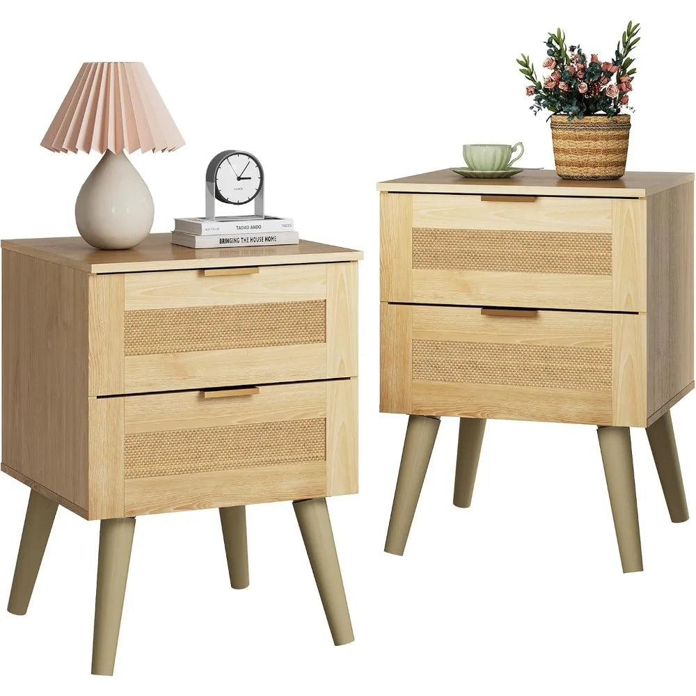Wood Nightstand With Rattan Decor Drawers, Customized