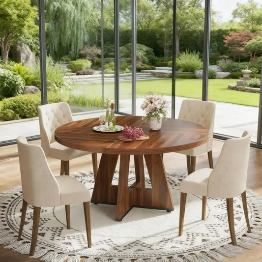 Rustic Wooden Round Dining Set, 4 Chairs