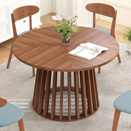 Round Dining Table for 4, Farmhouse 47 Inch Circle Kitchen Table, Rustic Dinner Table with Wood Strip Base for Dining Room Kitch