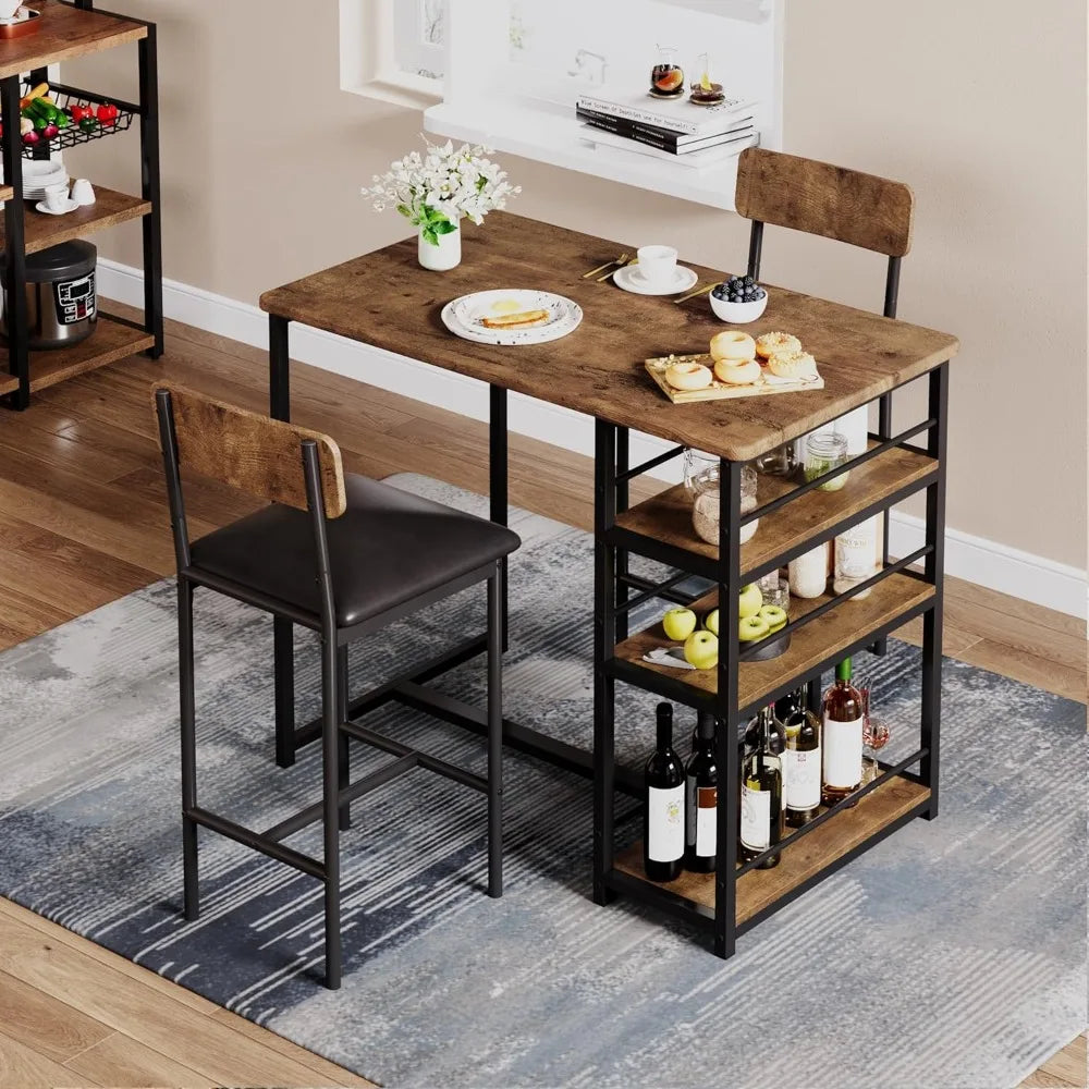 3 Piece Bar Table Set with 2 Upholstered Counter Stools 3 Tier Storage Shelves Steel, 300LB Capacity Compact Dining for Apartmen