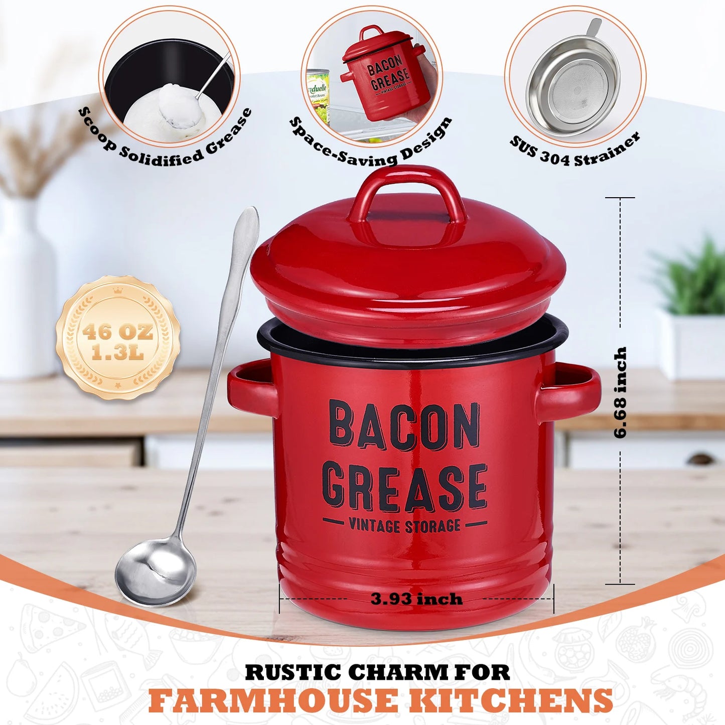 Large 46OZ Bacon Grease Container with Strainer