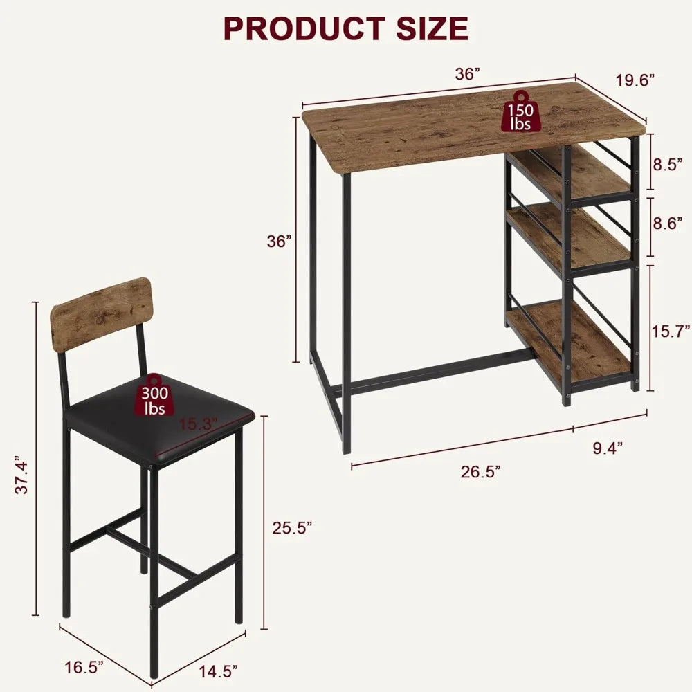 3 Piece Bar Table Set with 2 Upholstered Counter Stools 3 Tier Storage Shelves Steel, 300LB Capacity Compact Dining for Apartmen